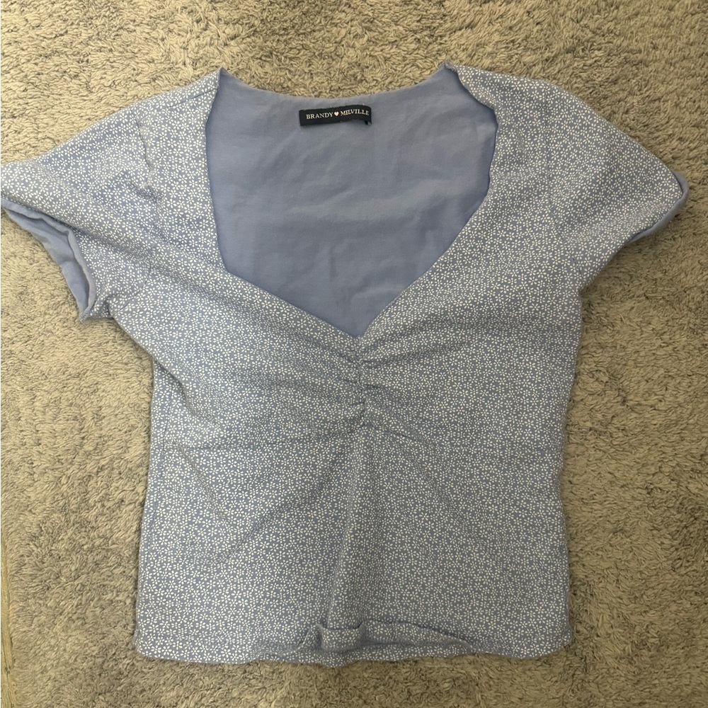 Brandy Melville Blue Short Sleeve Ruched Blouse